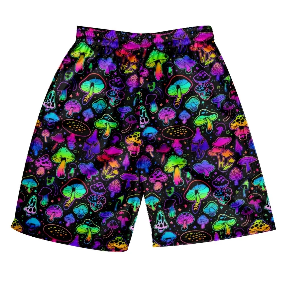 Psychedelic Mushroom Print Board Shorts For Men Neon Pattern Personality Drawstring Beach Shorts Summer Harajuku Short Pant