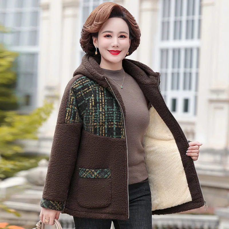 

2022 new Mothers Padded Jacket And Velvet Thickened Hooded Winter Coat Middle-Aged And Elderly Warm Plaid Cotton Clothes Female