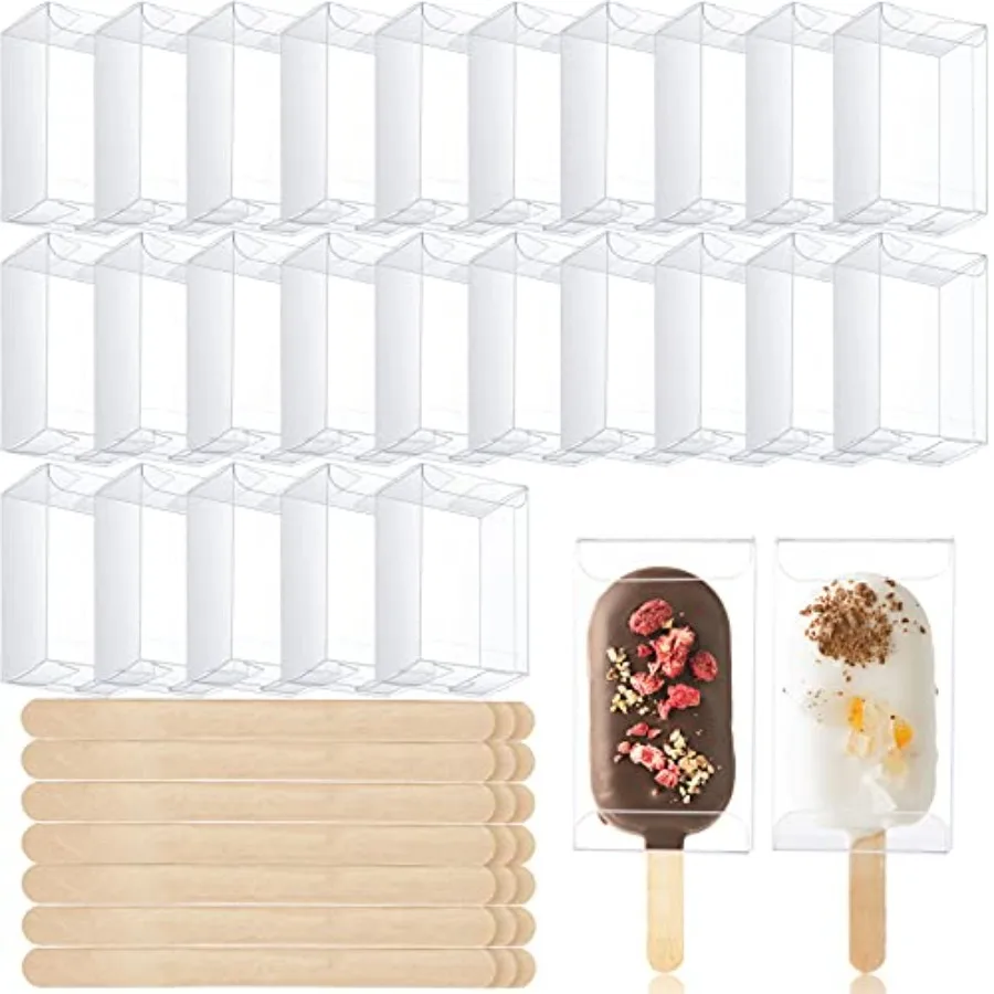 

Geiserailie 50 Pcs Ice Cream Caicle Boxes Set Ilude 25 Clear Pet Cake Boxes Plastic Candy Gift Bags and 25 Wooden Sticks Treat