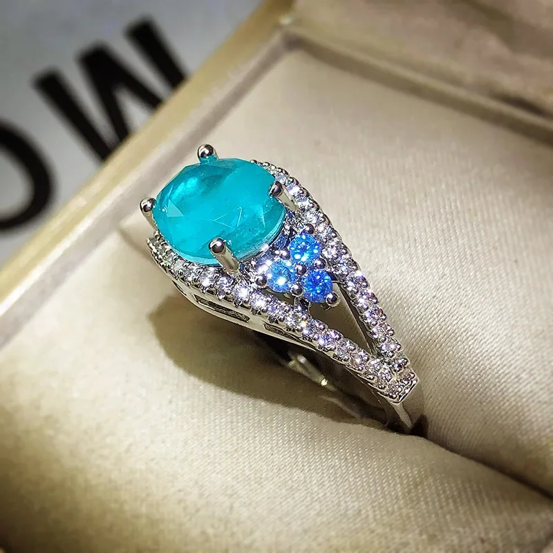 Paraiba Gem Rings for Women Fashion High Quality Blue AAAAA Zircon Engagement Ring Wedding Luxury 925 Sterling Silver Jewelry