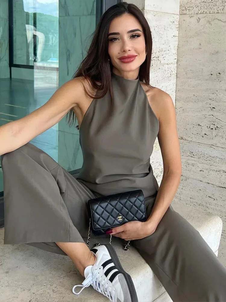 HH 2024 New Female Backless Woman Mini Halter Top Hem Tops Chic Suits Sexy Asymmetric Adjustable Waist Straight Leg Pants