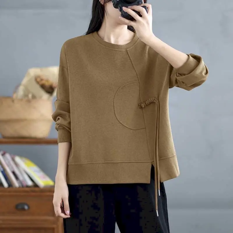 70% Cotton Pullovers Women Fashion Design Drawstring Pullover Casual Loose O-neck Short Tops Spring Autumn Long Sleeve T Shirt