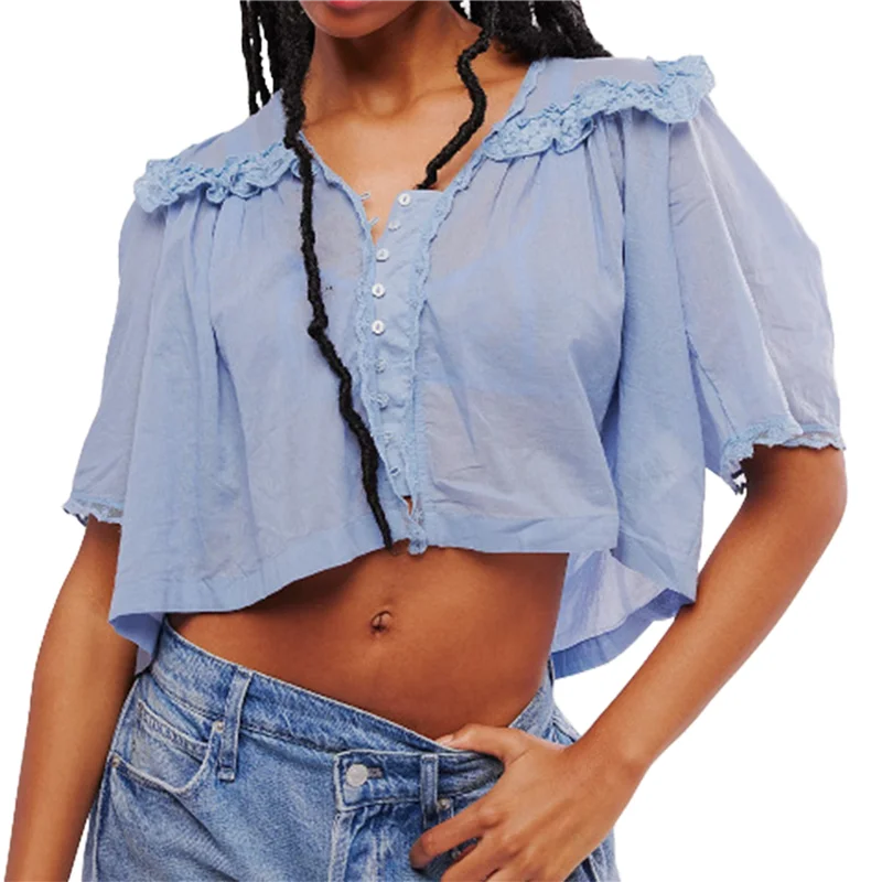 

ABRT-Women Y2K See Through Peplum Shirt Ruffle Lace Trim Buttons Tops Short Sleeve Doll Collar Babydoll Blouse