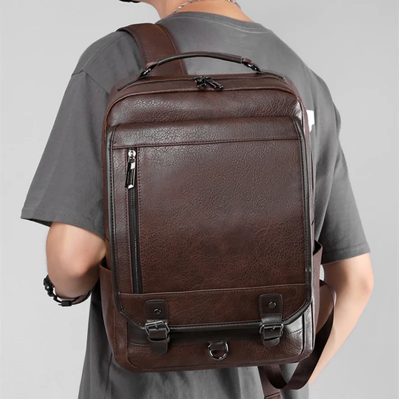 Business PU Leather Men's Backpack Large Capacity Laptop Backpack Sports Man Travel Backpack Casual College Students School Bag