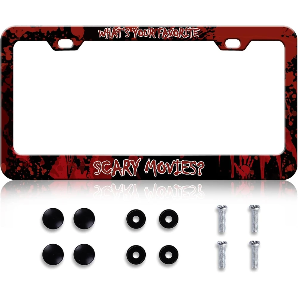 What's Your Favorite Scary Movie License Plate Frame Horror Blood Splattered Aluminum Metal License Plate Holder Cover