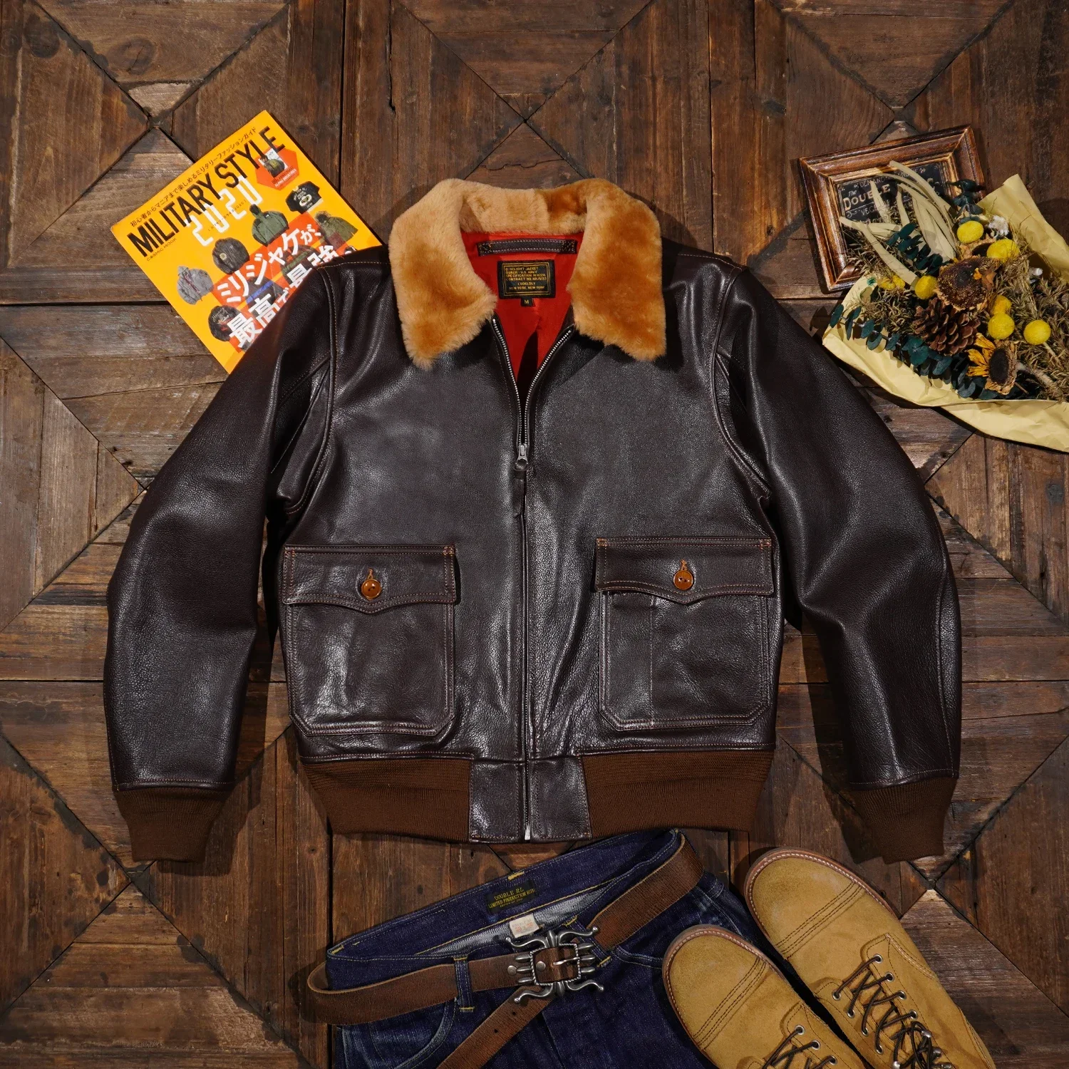 

Tailor Brando M-422*A Vegetable Tanned Cowhide &Lambswool Collor G1 Men's Genuine Leather Bomber Jacket