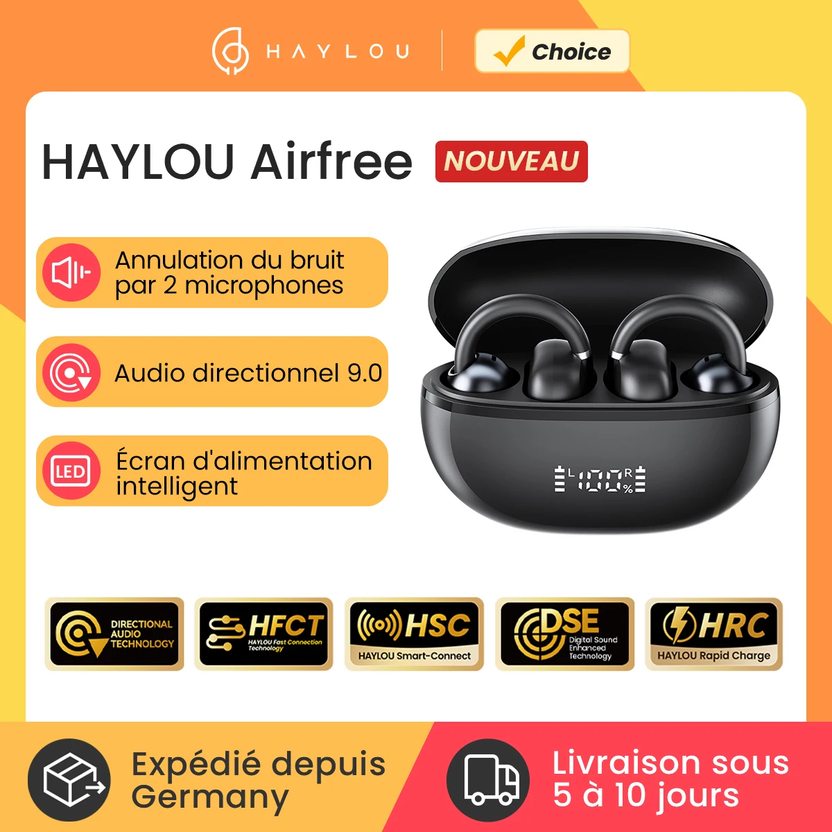 HAYLOU AirFree Ear Clip Écouteurs Bluetooth 5.4 sans fil Réduction du bruit AI Écouteurs de sport TWS avec écran LED intelligent