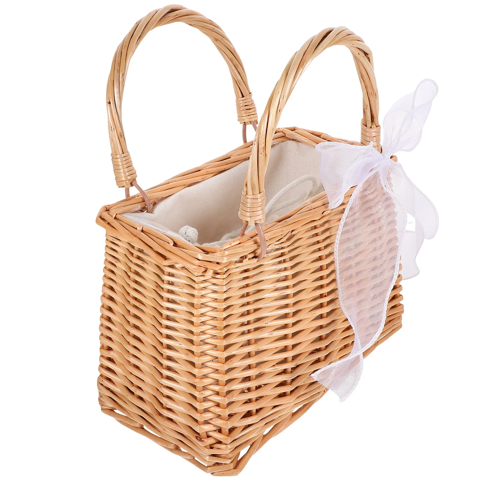 

Rattan Woven Fabric Drawstring Storage Basket Gift Flower Wedding Decorative Handmade Flower Basket Tote Elegant