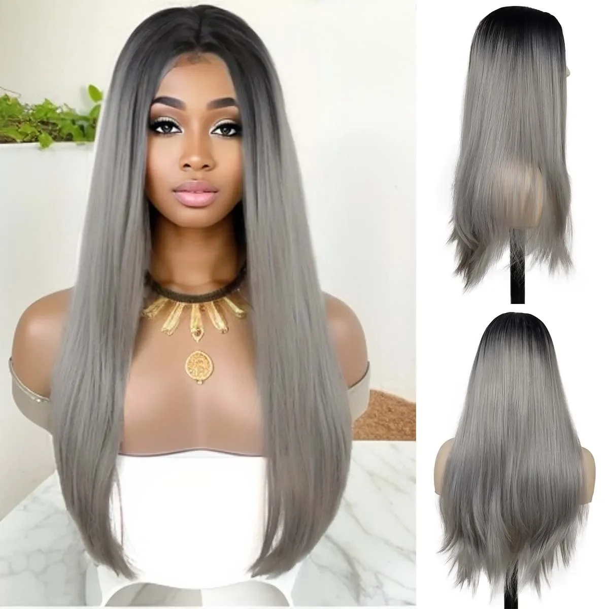 Synthetic Long Silver Grey Wigs Ombre Grey Wig for Women Cosplay Halloween Party Use Charming Body Wave Hair Young Ladies Wig