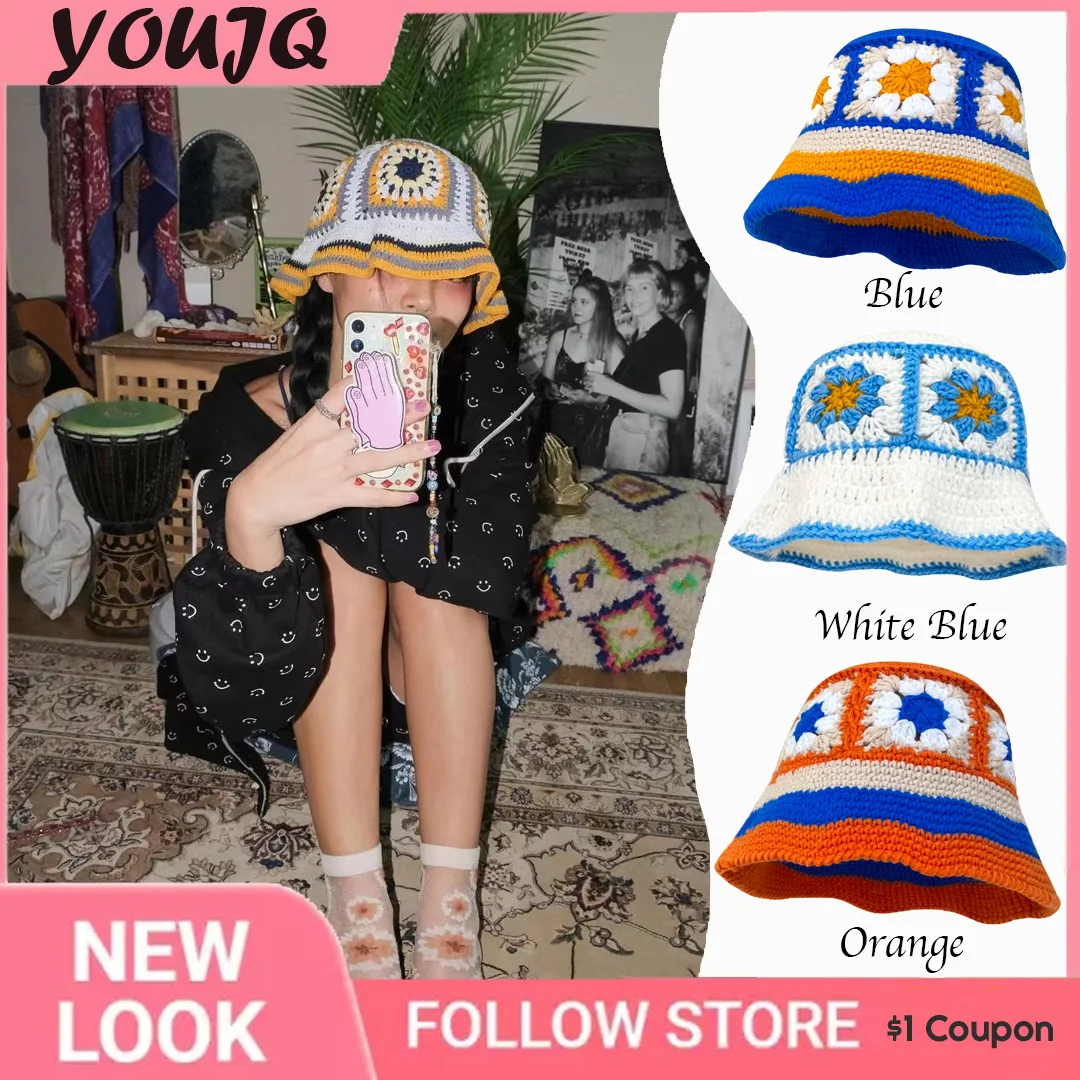 Garden Hat Collection Handmade Grandmother Plaid Bucket Hat Korean Flower Crochet Hollow Knitted Basin Caps for Woman Sombreros