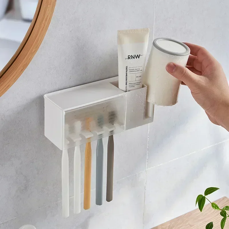 Japanese 5-head toothbrush holder Adhesive dustproof toothbrush and toothpaste holder with cup holder