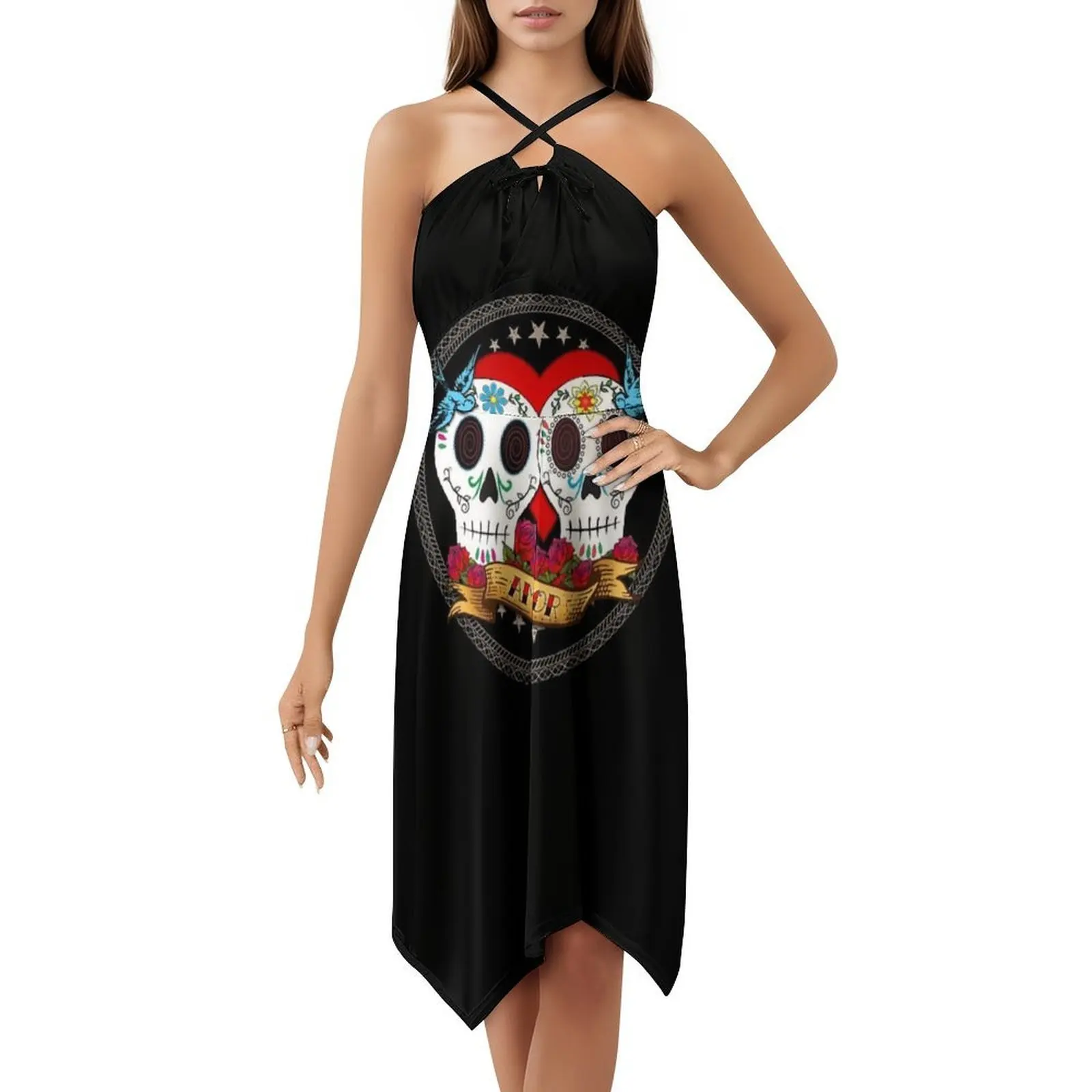 الحب الجماجم فستان بفتحة عنق على شكل قلب أنيق الصيف فستان الحفلات للنساء يوم الموتى ضياء دي لوس Muertos فستان المرأة #5