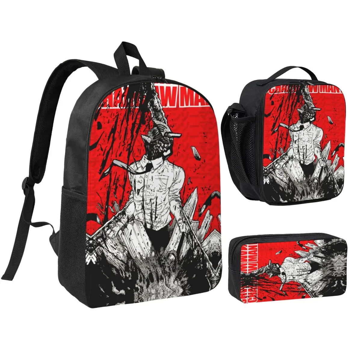 Chainsaw Man 3pecs/set Backpack for Student Anime Manga Denji ChainsawMan Canvas Bags Lunch bag Pencil Case