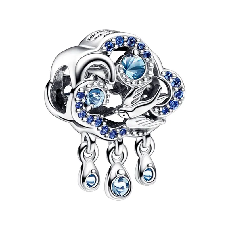 Spring Swirling Cloud Soaring Swallow Raindrops Charms For Women 925 Sterling Silver Jewelry Making DIY Bracelets Blue Crystals