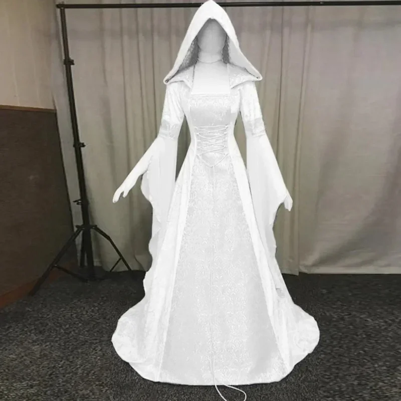 Abito da strega di lusso con cappuccio per donna, abito medievale rinascimentale, strascico maxi, costume da sposa, Halloween