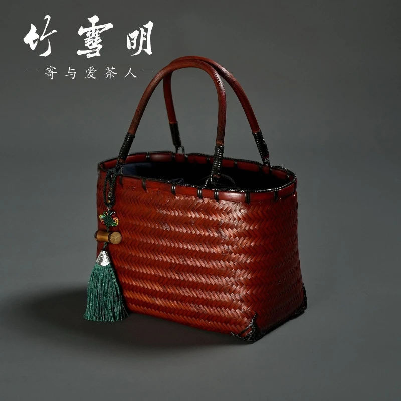 Handmade Bamboo Top-Handle Bag Retro Basket Tea Set Pack New Chinese Handbags Classical Tea Bags Free Tea Friend Storage Package