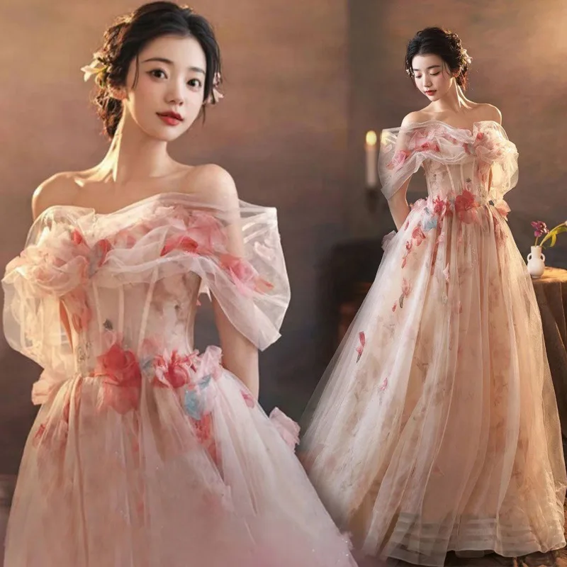 

New Evening Dress Long Pink Floor Length Flowers Off the Shoulder Wedding Party Prom Gown High Grade Formal Occasion Dresses