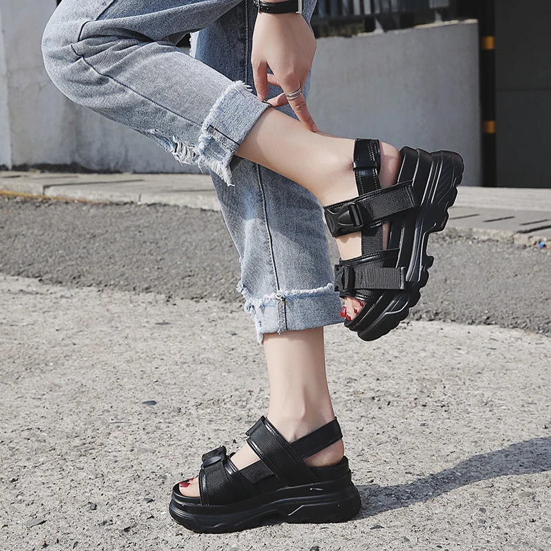 Comemore 2022 New Summer Women Buckle Black White Roman Platform Sandals Female Comfortable Thick Sole Wedge Beach Shoes Heels