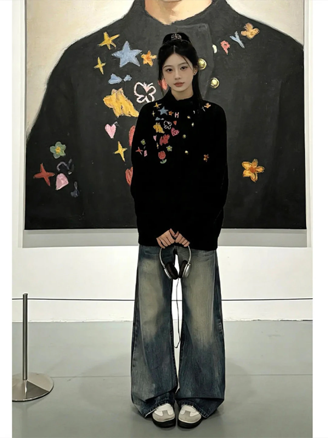 

fiti Print Bla Knitted Sweater Men's Autumn Winter Lazy Sle High-End Feeling Long Sve round Ne Pullover Couple's...