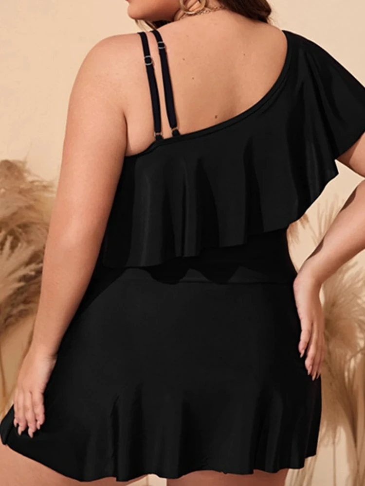 Black Tankini Swimsuit Women Plus Size Swimwear Two Pieces Ladies Big Bikini One Shoulder Ruffle Bathing Suit Summer Beachwear