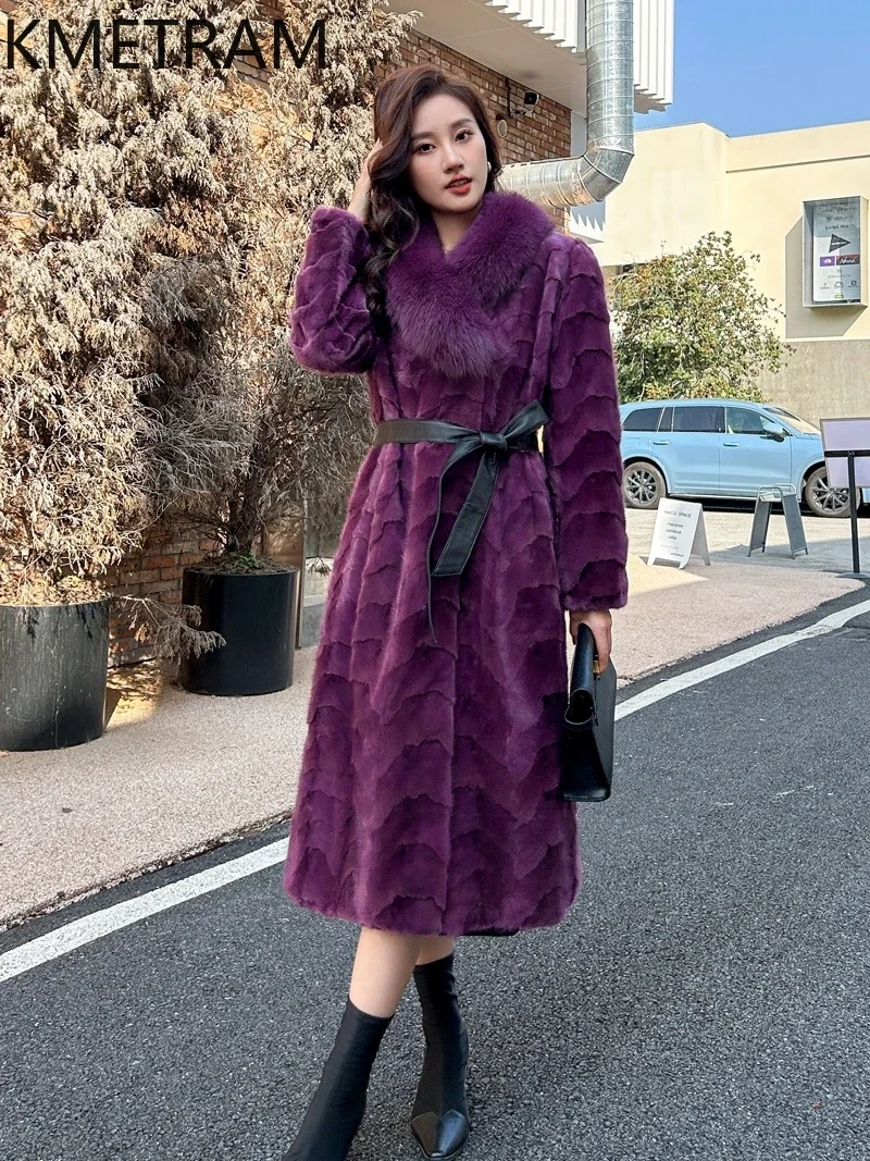 Real Mink Fur Coat Women Luxury Long Coats Winter Fashion Womans Clothing Fox Fur Collar Jackets Women’s 2025 Fourrures Femmes