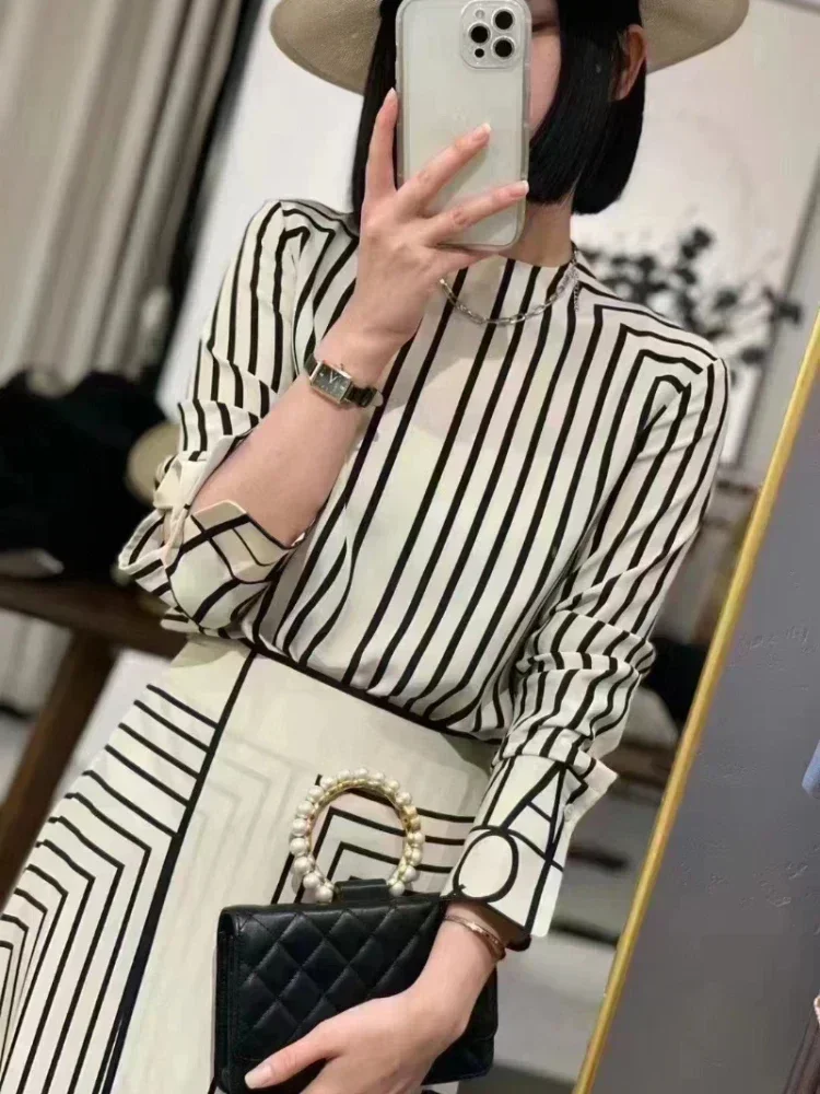 Striped Women Skirt Sets Long Sleeves Casual Fashion O-Neck Blouse Summer Chiffon Zipper Skirt Two-piece Set