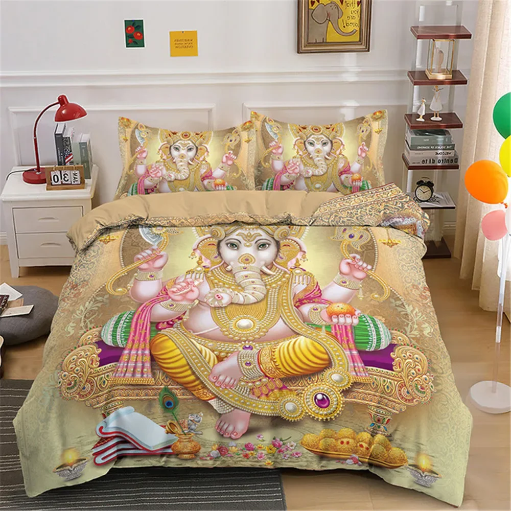 Zestaw pościeli King Queen Size Buddha Boho Mandala Colorful Design God Ganesha King Poliestrowa poszwa na kołdrę Indian Symbol Kołdra