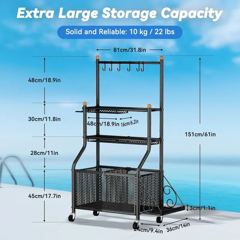 Pool Float Storage Holder Large Steel Organizer with Hooks Towel Rack Side Platform Wheels for Poolside Patio Indoor 31.8 x