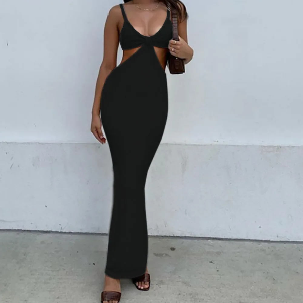 Neue Spaghetti Strap Sexy Backless Maxi Kleider Sexy Ärmellose Frauen Kleider Party Club Elegante Aushöhlen Kleid Sommerkleid Schwarz