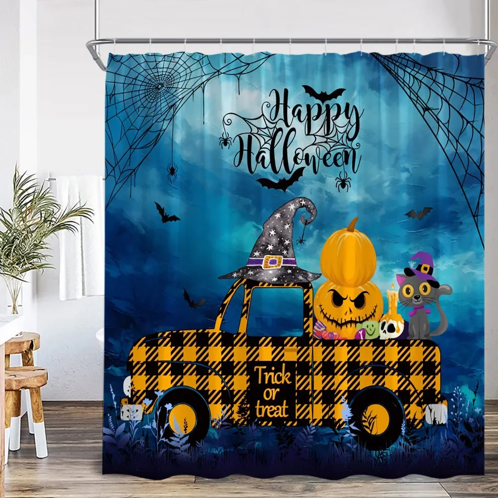 Full Moon Night Halloween Shower Curtain Flying Witch Evil Pumpkin Wizard Graveyard Horror Bath Decoration Bathtub Curtain