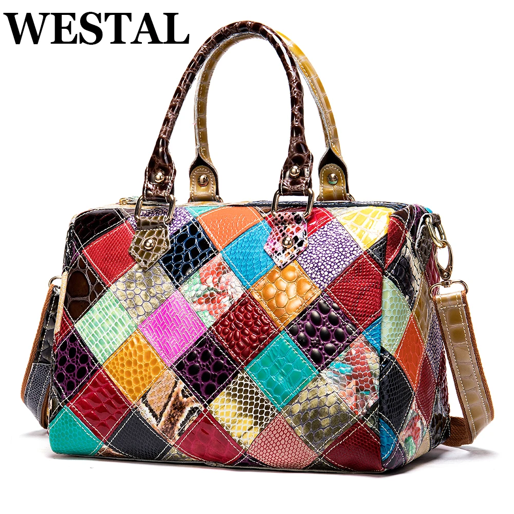 WESTAL Patchwork Women\'s Top Handle Bags Genuine Leather Shoulder Bags High Quality Designer Large Soft Crossbody Bag Ladies