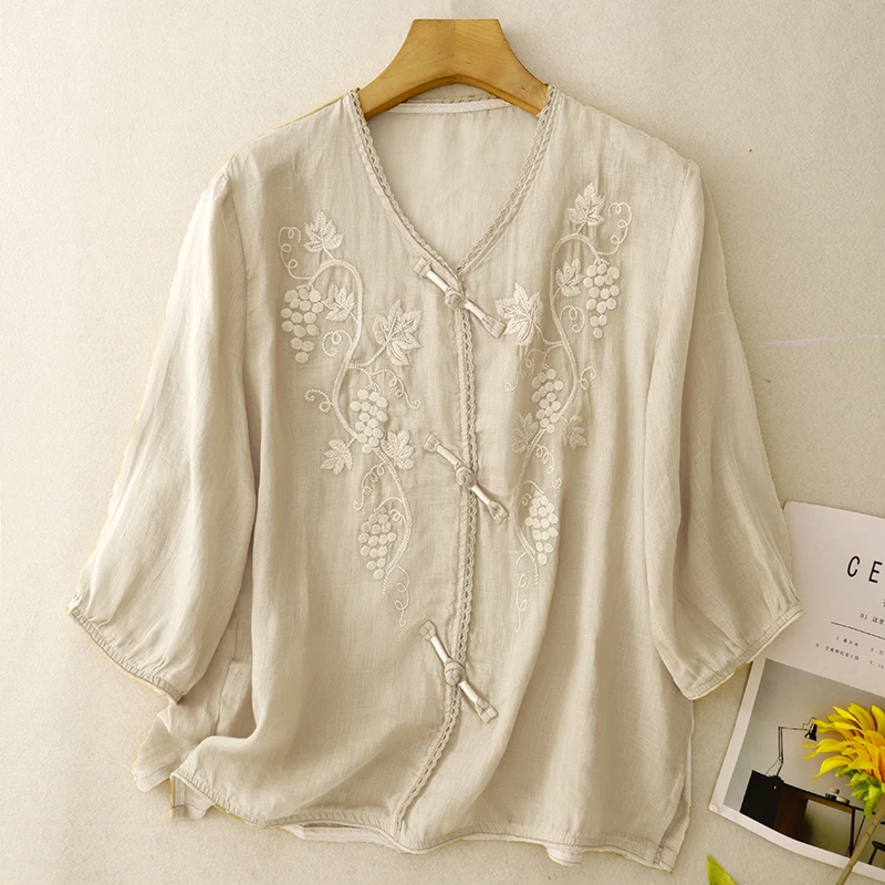 Chinesischen Stil frauen Kleidung Blusen Vintage Gestickte Shirts Lose Sommer Kleidung Kurzarm Baumwolle Leinen Frauen Tops