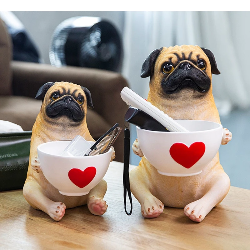 

Simulation Pug Dog Resin Figurines Tabletop Storage Ornaments Desk Decor Animal Statue Basket Home Decoration Modern