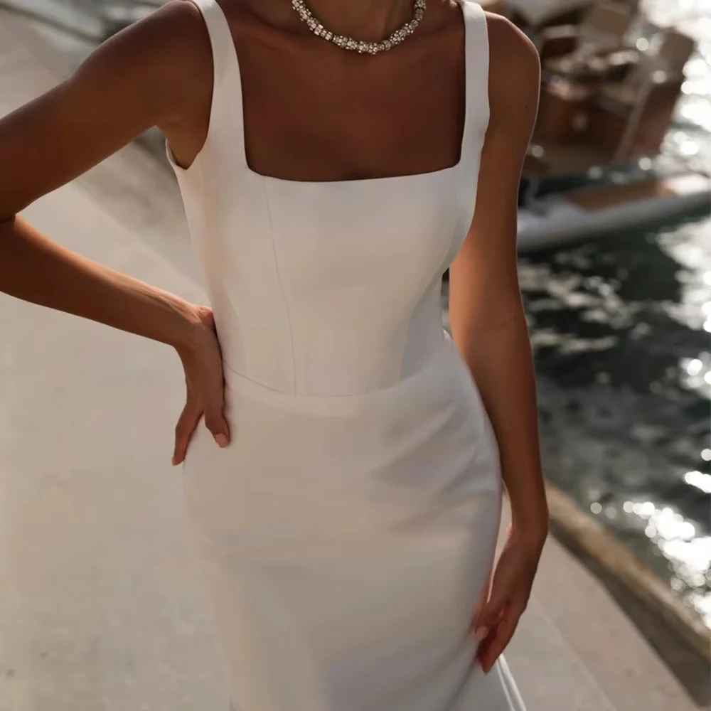 فستان زفاف من الساتان بأشرطة بسيطة مخصصة للمرأة العروس حورية البحر سويب تراين بدون أكمام فستان زفاف فيستدو جديد