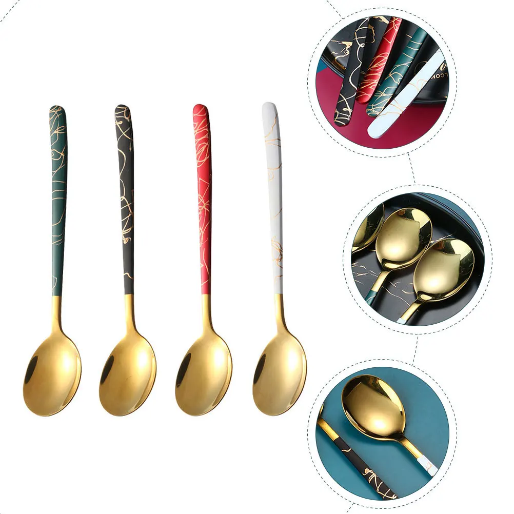 

4pcs Stainless Steel Dessert Spoon Long Handle For Coffee Stirring Ice Cream Yogurt Mixing Spoons Kitchen Utensils