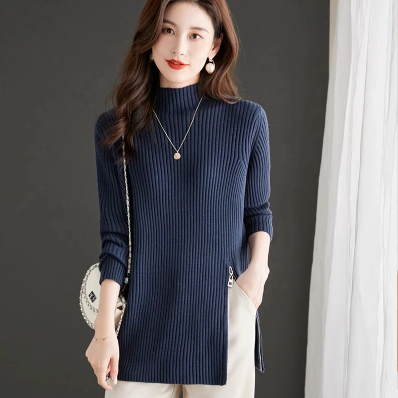 

2024 Fashion Pullover Mid-Length Turtleneck Sweater for Women Autumn Winter Knit Womens Tops Long Sleeves New OL Elegant Jumper