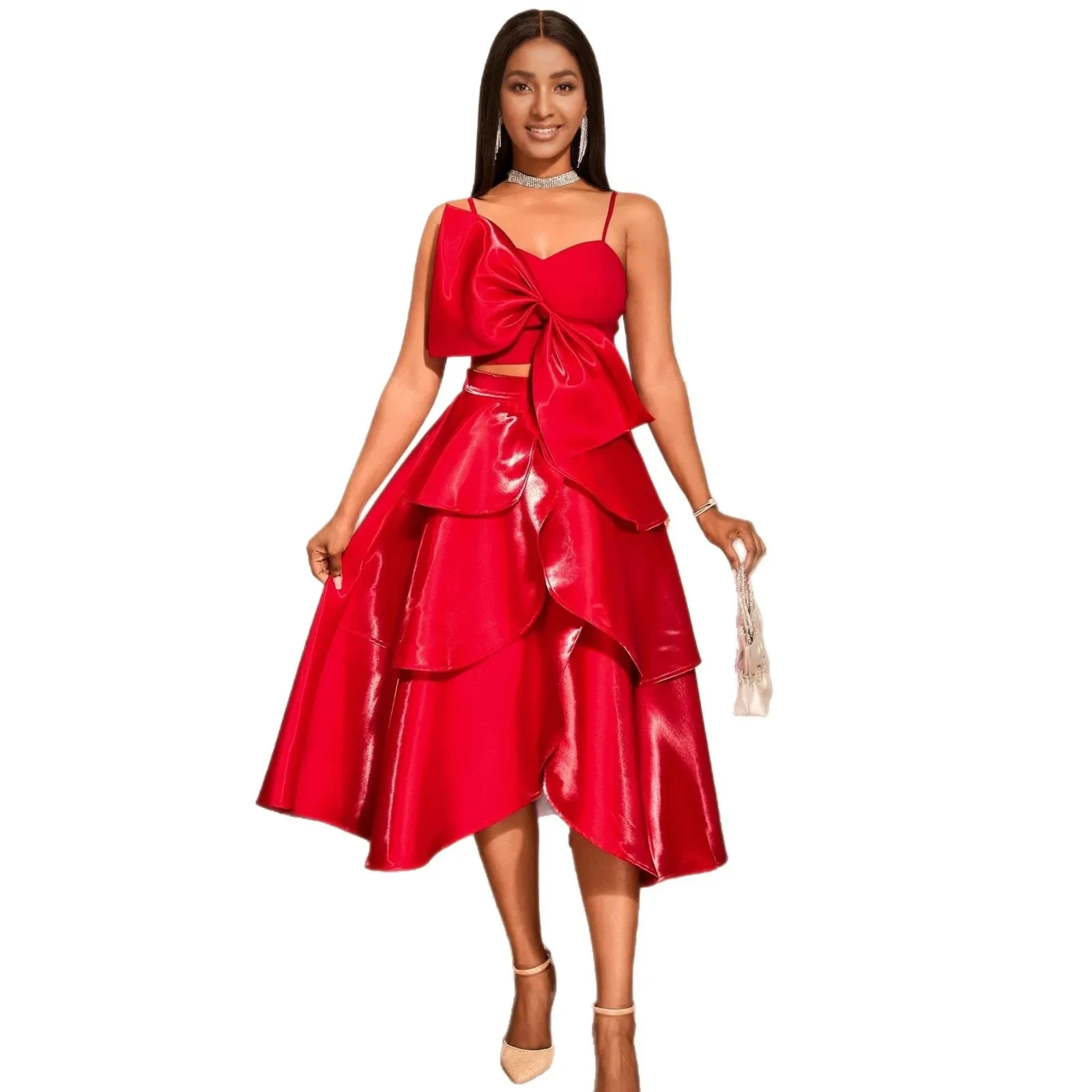 

Red Skirts Set Spaghetti Strap Tops with Bowtie Layered Ruffle Hem Asymmetric A Line Skirt Two Piece Sets for Ladies New 2025