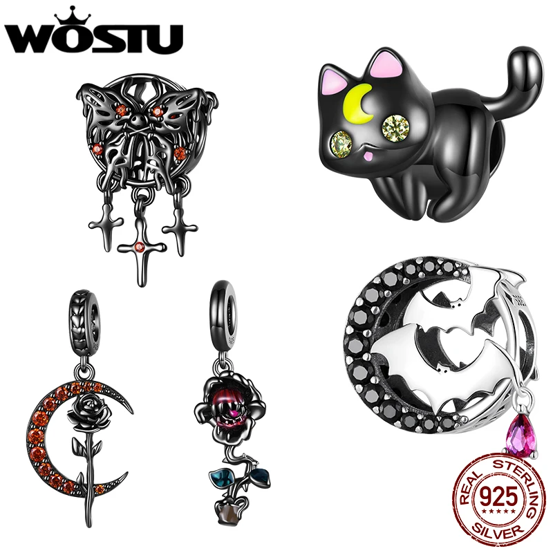 WOSTU 다크 월드 여성용 정품 925 스털링 실버, 블랙 나비 문 로즈 박쥐 CZ 펜던트 참, 팔찌 또는 목걸이 핏