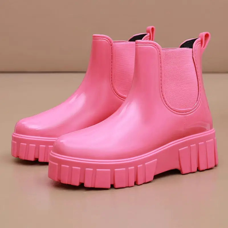 

Women Four Seasons New Thick Sole Ankle Rain Boots Round Toe Non Slip Waterproof Fashionable Height Increasing Water Shoes