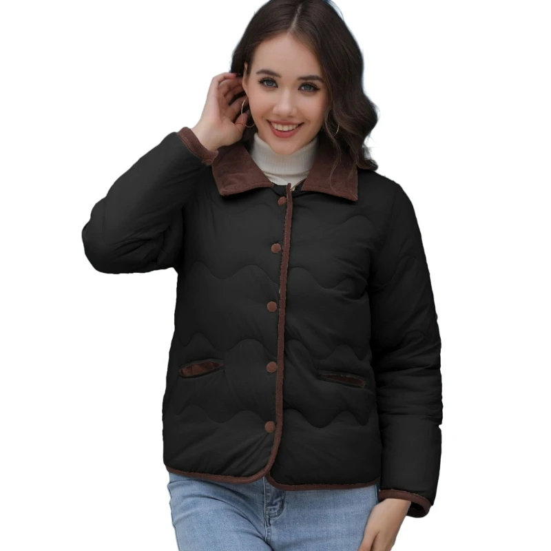 

Women Lightweight Quilted Puffer Colorblock Lapel Collar Button Down Long Sleeve Padded Coat Outwear with Pockets 066C