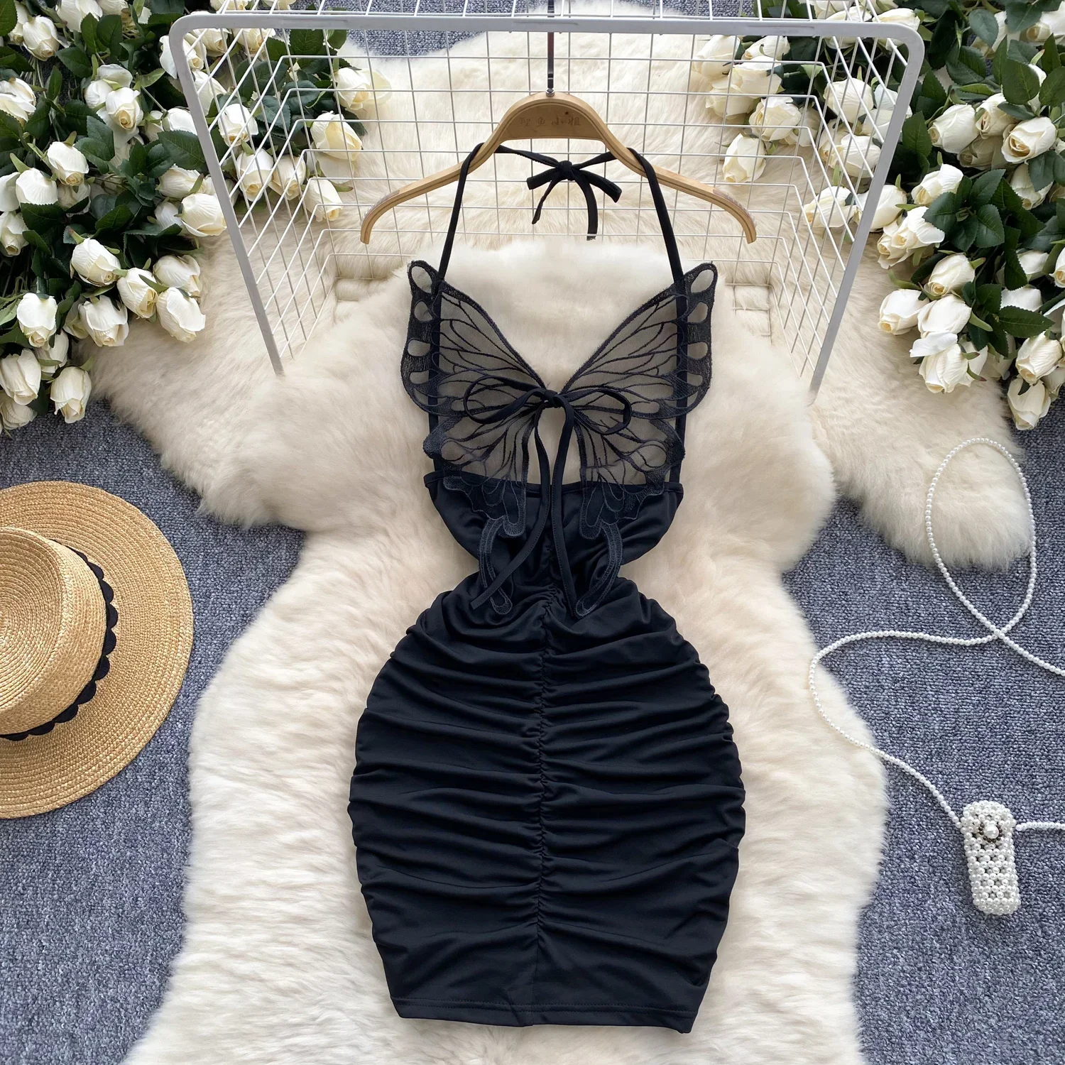 

Sexy Evening Party Dress Ladies Halter Embroidery Butterfly Hollow Out Sheer Chic Design Hotsweet Wrapped Hip Dress