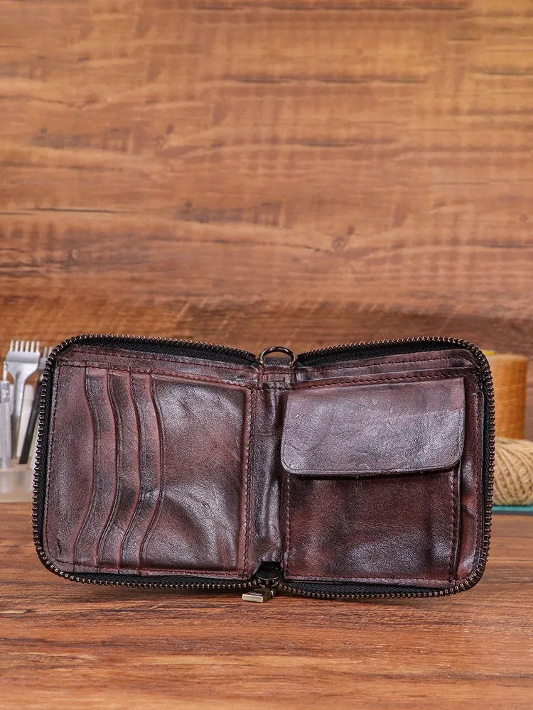 

2025 Мужской и женский короткий кошелек ручной работы в стиле ретро с карманом для монет, сумка-держатель для водительских прав из воловьей кожи, модный кошелек 45