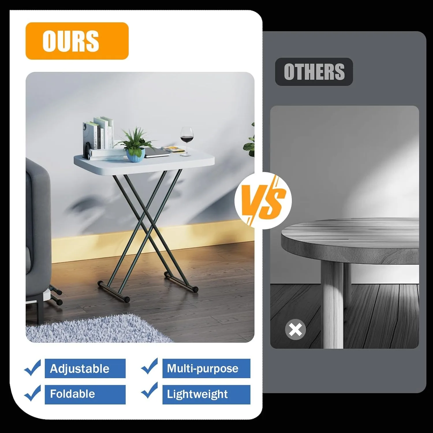 Plastic Adjustable Height Folding Table - No Assembly, White - for Picnic/Party/Travel/Home