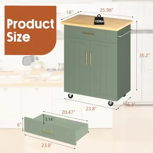 Rolling Kitchen Island Cart with Storage & Drawer – 26