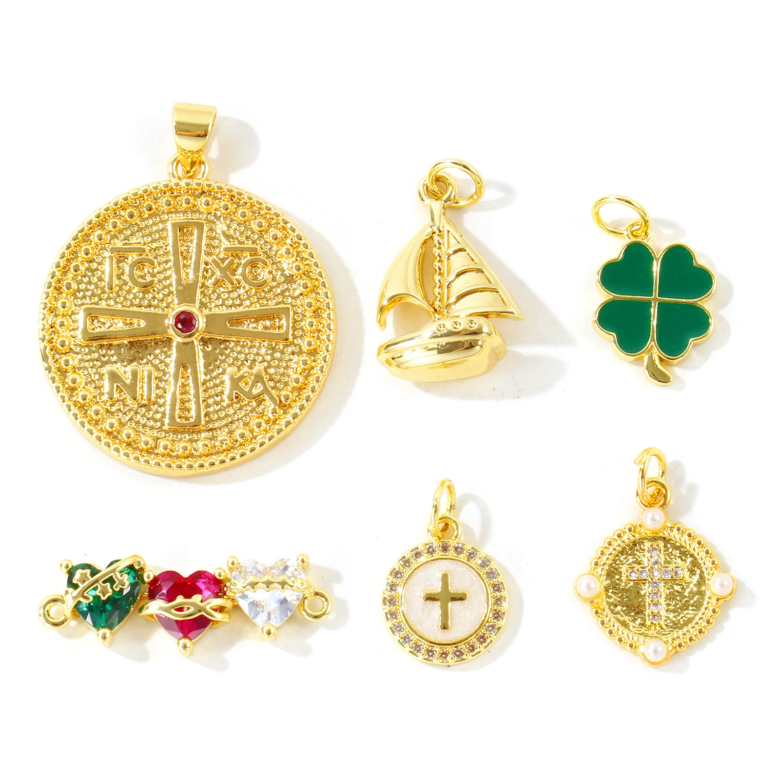 2pcs New Heart Round Cross Charms 18K Gold Plated Multicolour Cubic Zirconia Brass Pendants For Women DIY Necklace Jewelry Gift