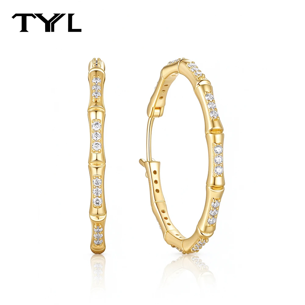 TYYL D VVS1 Moissanite Hoop Earrings for Women 20/30MM 925 Sterling Silver Bamboo Shaped 14K Gold Plated Party Jewelry Ear Hoops