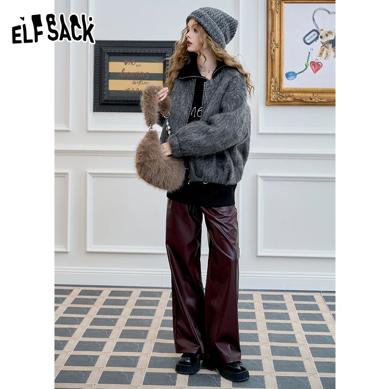 

ELFSACK 2024 Winter New Arrivals Grey short woolen coat for women Elegant long woolen jacket