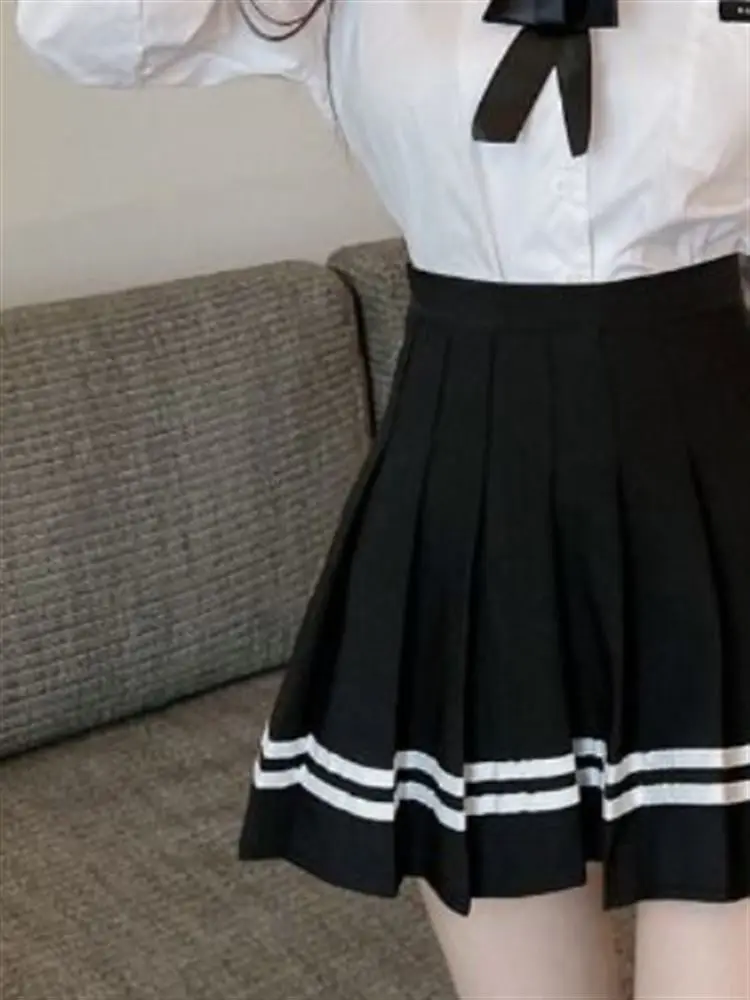 

Юбка трапециевидной формы с высокой талией для женщин, студенческая корейская плиссированная юбка ort, полосатая длина, пригородная весна-лето, новинка...