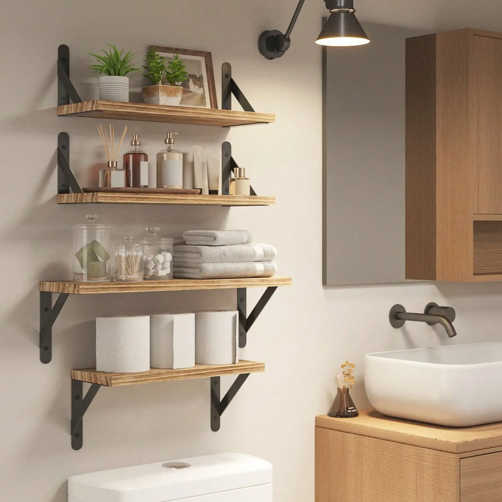 Floating Shelves For Wall Rustic Farmhouse Wood Bathroom Organizer Storage Shelf With Black Metal Brackets Set Of 4 Wall Mounted Hanging Bookshelf For Bathroom Bedroom Living Room Plants Christmas Decor Housewarming Gift
