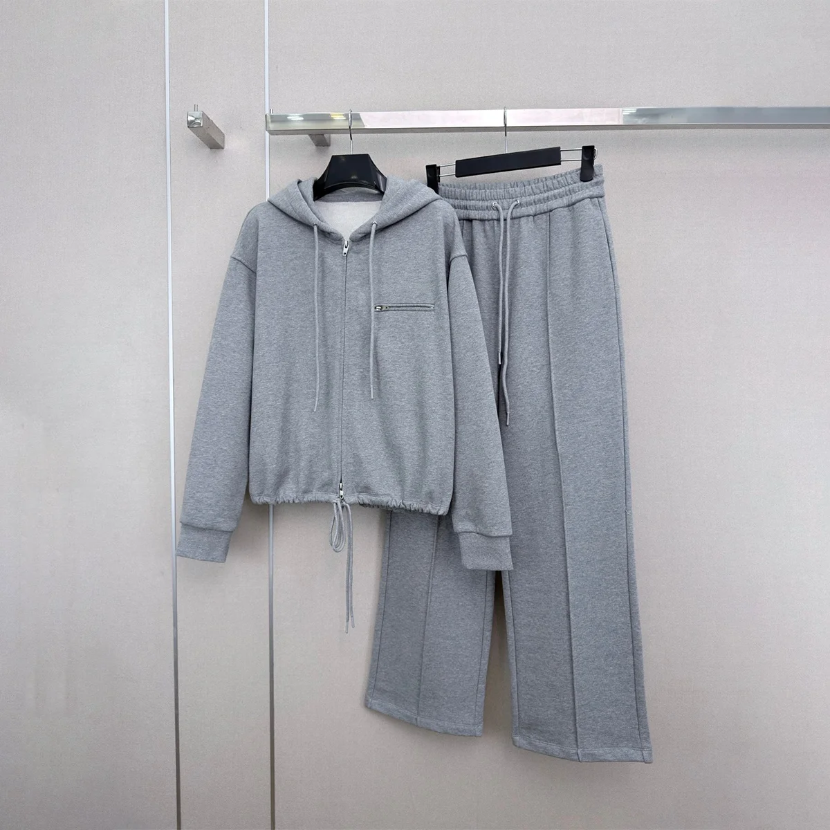 2026 high-quality women's linen grey hooded zipper hoodie set--202609068